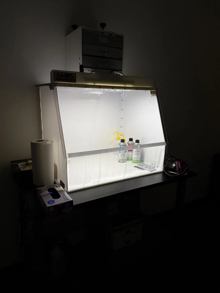 Dye-penetrant NDT station under the fume hood