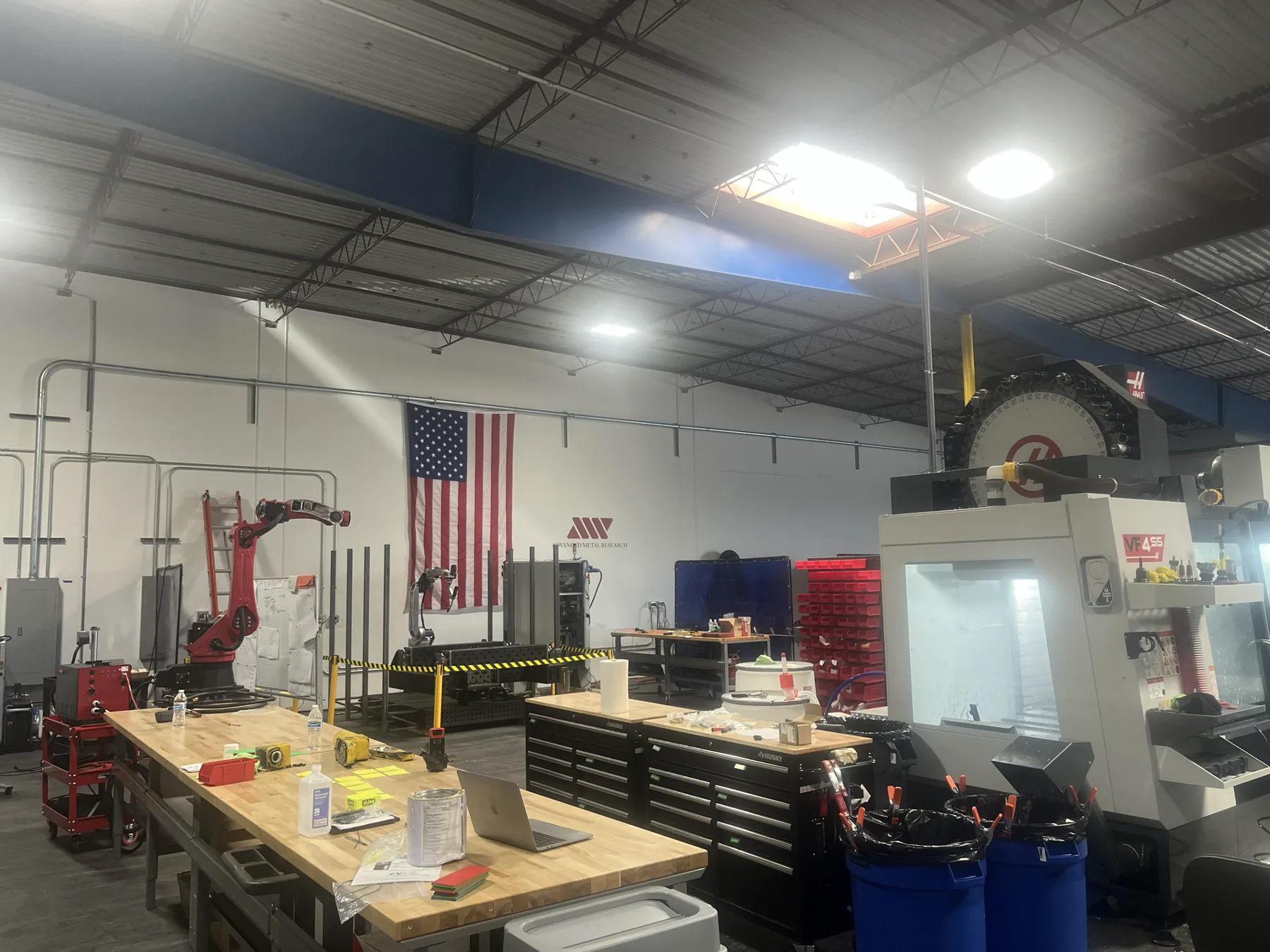 The AMR R&D lab floor: cell, benches, and CNC mill