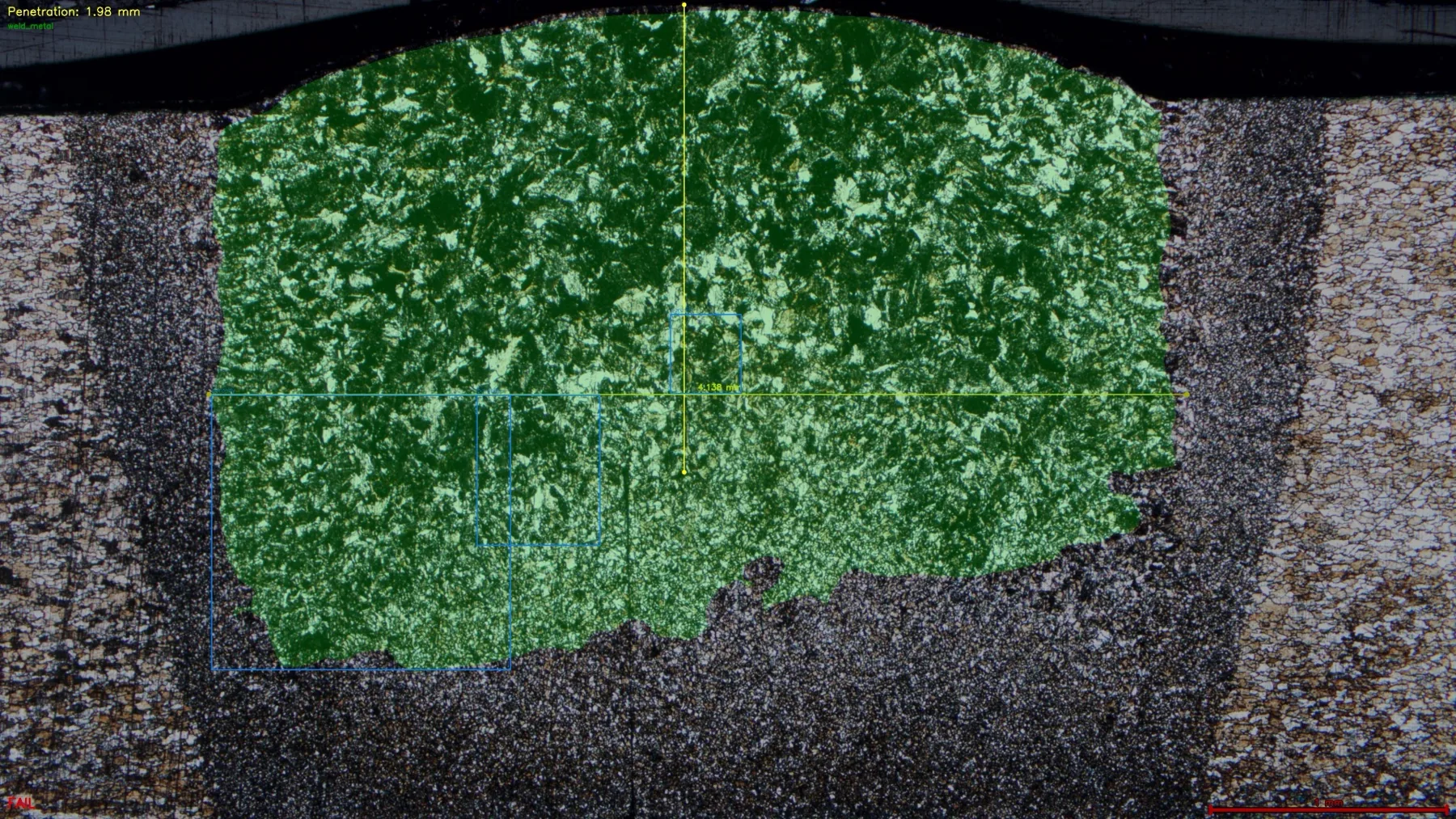 Etched weld cross-section with the fusion zone segmented by the inspection model
